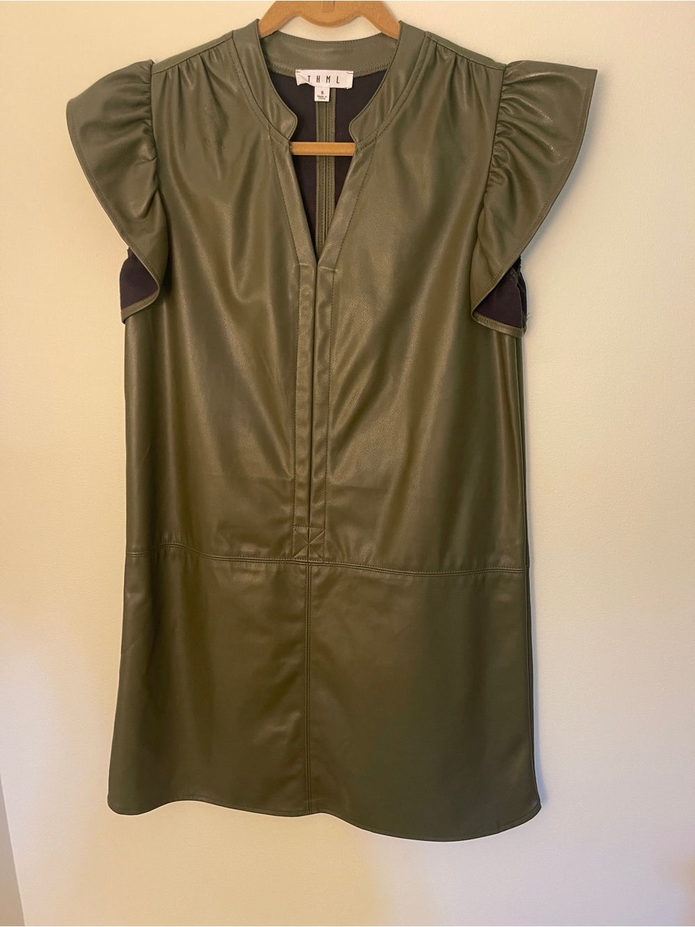 THML Olive Green Faux Leather Flutter Sleeve Mini Dress